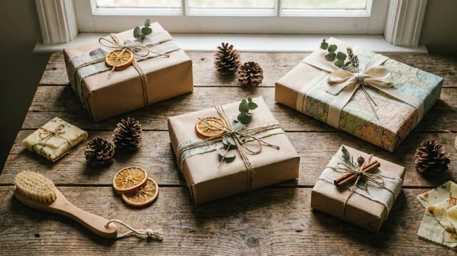 Beautifully Wrapped Gifts with Natural Embellishments on Rustic Wooden Table by a Window Featuring Pinecones Dried Oranges and Eucalyptus
