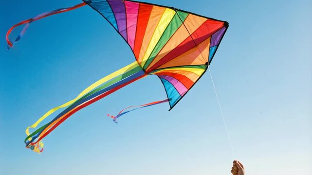 Brightly Colored Kite Soaring High in a Clear Blue Sky Over a Sandy Beach Dune with Ocean Waves and a Hand Holding the String
