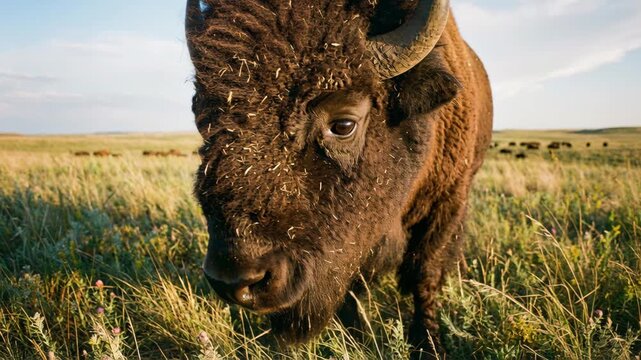 Close up of a large brown bison head with fur covered in seeds standing in a golden grassy field under a clear blue sky with a herd of