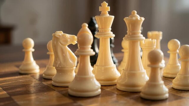 Close Up Of Chess Pieces On A Wooden Board With Soft Natural Lighting And Shallow Depth Of Field