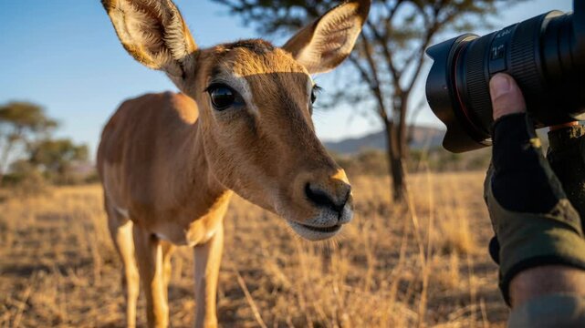 Close up of a young impala animal standing in a dry grass field during golden hour with a photographer holding a large camera in the