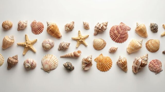 Collection of Diverse Seashells and Starfish Arranged in Rows on a Clean White Background for Coastal Decor or Marine Life Study