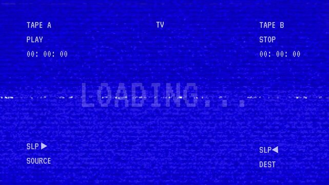 Blue vhs loading screen with static and text ideal for retrothemed videos, introducing events, or enhancing video transitions creatively.