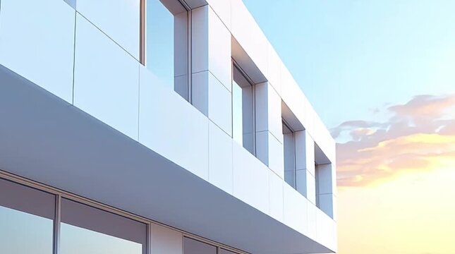 Modern White Minimalist Building Facade with Large Windows against a Soft Blue Sky and Sunset Clouds