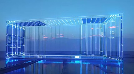 A glowing blue wireframe representation of a shipping container illustrates advanced logistics and global supply chain technology on a dark, reflective background. - Powered by Adobe