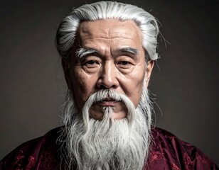 Portrait of a wise elderly Asian man with long white hair and beard