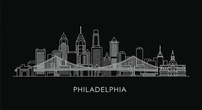 Gray line art illustration of Philadelphia city skyline with famous bridge on black background.