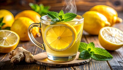 Fresh Lemon Ginger Herbal Tea with Mint Leaves Served Hot on Light Background for Wellness Lifestyle