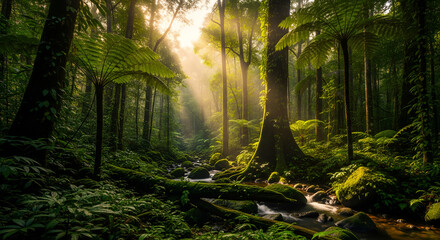 Golden sunlight cutting through a tranquil forest, illuminating green leaves and a soft woodland trail, creating a cinematic and peaceful nature scene ideal for meditation, wellness, and eco themes