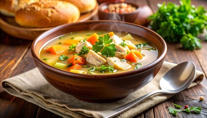 Homemade Chicken Soup Served in Bowl, Warm Comfort Food Concept