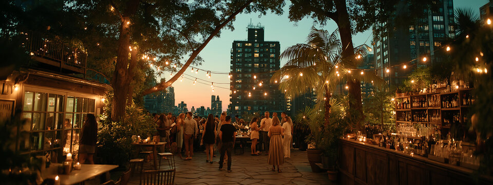 Outdoor rooftop party at dusk with string lights, city skyline, and people socializing in a lush green setting with bar and food