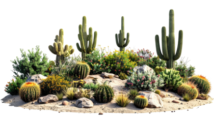 Lush desert garden scene with cacti, bushes, and rocks on sandy terrain