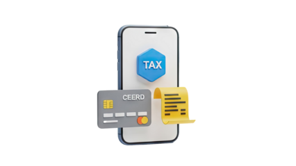 3D Mobile Tax Payment with Credit Card and Receipt on transparent background