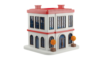 3D Modern 3D building with red roof and white facade on transparent background