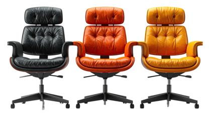 Three modern leather office chairs in shades of black, orange, and yellow
