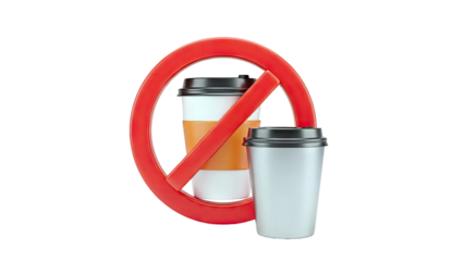 3D No coffee cups with prohibition sign on transparent background