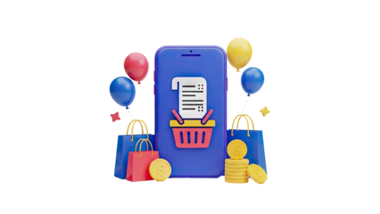 3D Online shopping concept with phone receipt basket shopping bags balloons
