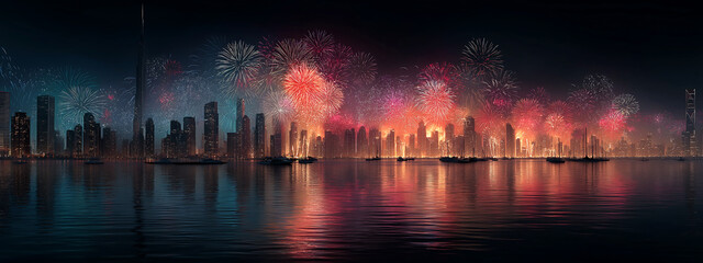Vibrant nighttime cityscape with colorful fireworks exploding over water, reflecting off the surface, amidst a stunning urban skyline at dusk