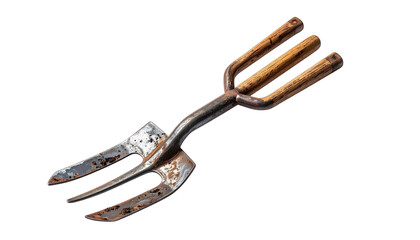 Rustic garden fork with wooden handle and rusty metal tines