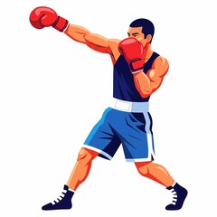 Male Boxer Throwing a Punch in Red Gloves and Blue Sportswear