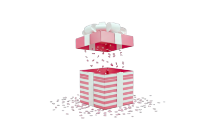 3D Pink Gift Box Opening With Confetti on transparent background