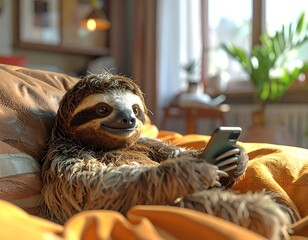 Relaxed sloth reclining on an orange cushion, engrossed with a smartphone