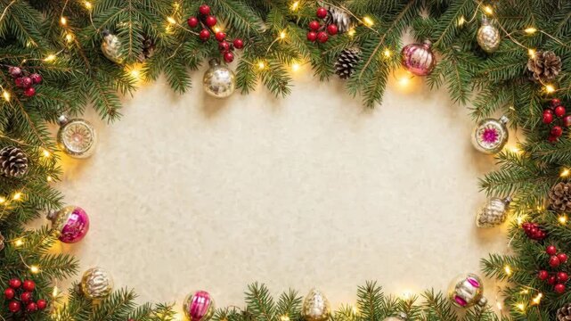 Festive Christmas Garland Border With Pine Cones Red Berries And Ornate Baubles Illuminated By Warm Fairy Lights On Aged Paper Background