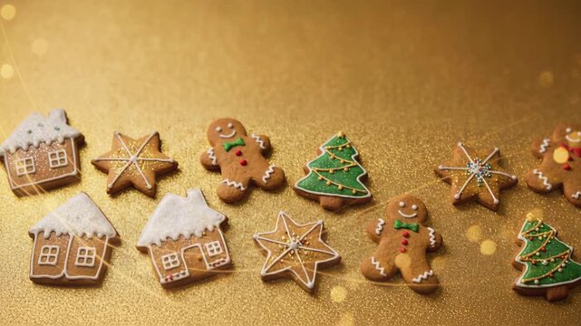 Festive Christmas Gingerbread Cookies Arranged On A Glittering Gold Background With Warm Golden Light Streaks And Bokeh Effect