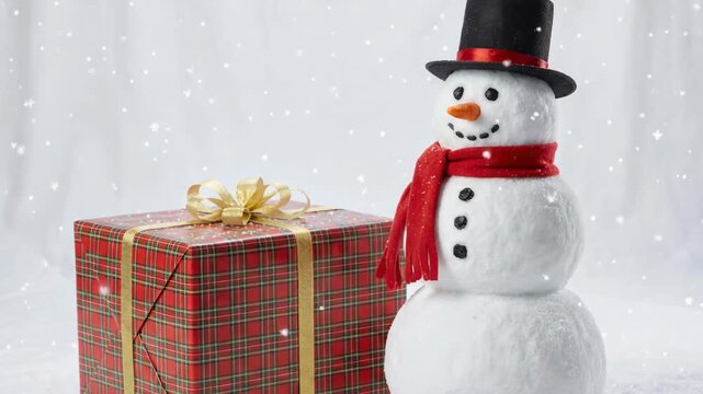 Festive Snowman and Red Plaid Gift Box with Golden Ribbon in Gentle Snowfall on White Background Studio Lighting