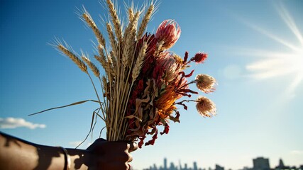 Person Holding Bouquet of Flowers and Wheat Against Blue Sky and Cityscape