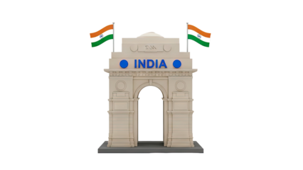 3D India Gate with Indian flags on transparent background