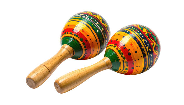 Two brightly painted maracas with wooden handles on a black background