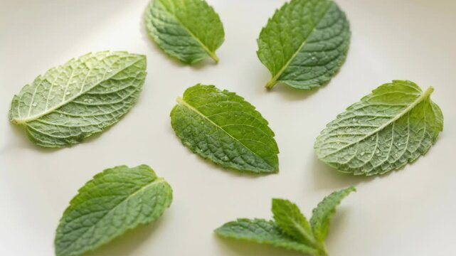Fresh Green Mint Leaves Sprinkled With Water Droplets Arranged On A White Plate With Soft Natural Light