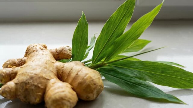 Fresh Ginger Root With Green Leaves on a White Surface With Natural Window Light