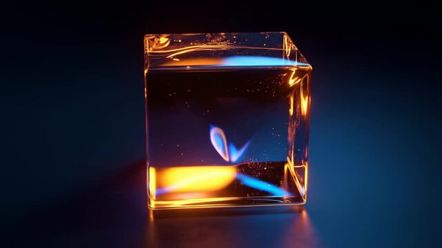 A glowing translucent cube with internal reflections and a gradient color scheme, creating an abstract display.