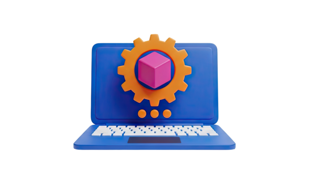 3D laptop with gear and cube icon for technology concept on transparent background - Powered by Adobe