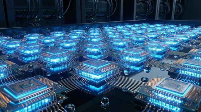 Futuristic Data Center With Rows Of Glowing Blue Servers Illuminated By Neon Light And Reflecting On A Wet Floor