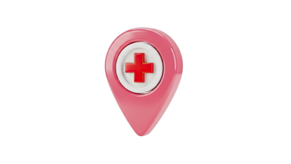 3D Medical location pin with a red cross on transparent background