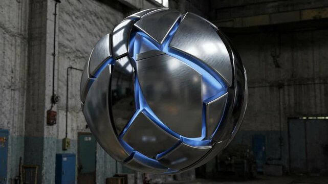 Futuristic Metallic Sphere With Glowing Blue Interior Suspended In An Abandoned Industrial Warehouse With Natural Light Illuminating The