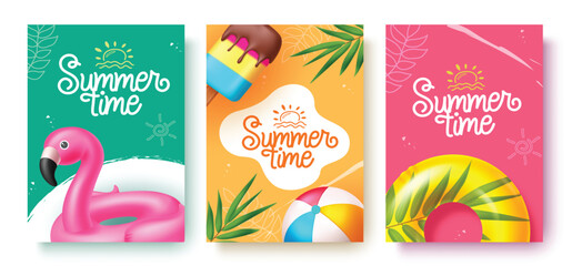 Summer time greeting vector poster design. Summer time greeting text with colorful floaters, Popsicle and palm leaves decoration elements. Vector illustration summer seasonal collection  © Pamblooms