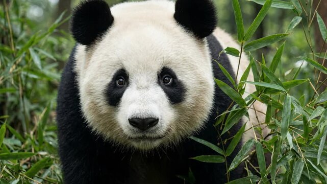 Giant Panda Bear Close Up Portrait In Lush Green Bamboo Forest Natural Habitat With Soft Natural Lighting Full Frame Wildlife Photography