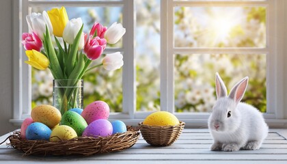 Easter eggs in bowl, fresh tulip flowers and white bunny on blur spring window background.