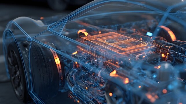 Transparent Wireframe Electric Vehicle with Glowing Orange Semiconductor Control Unit