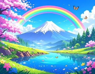 Scenic landscape with mountain, rainbow, river, and cherry blossoms