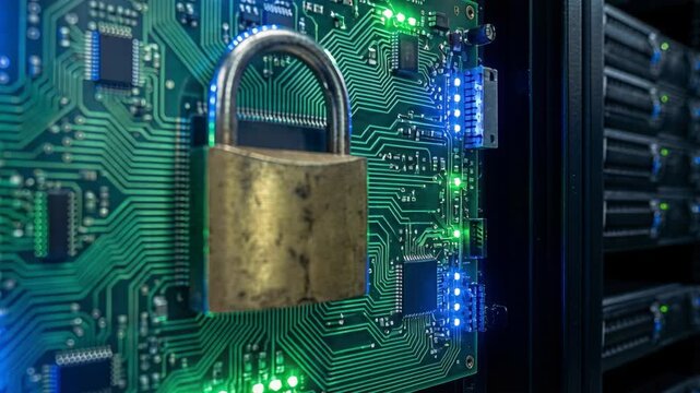 Golden Padlock Secures Green Circuit Board with Blinking Blue and Green Lights in Dark Server Room Rack