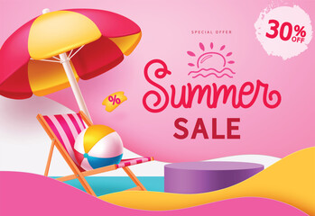 Summer sale text vector banner design. Summer special offer text with paper cut wave and beach elements for seasonal shopping sale advertisement. Vector illustration promo discount banner. © Pamblooms