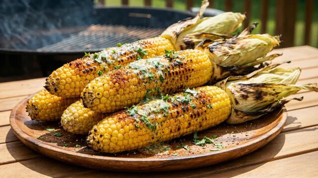 Golden Yellow Corn on the Cob Grilled to Perfection with Herbs and Butter Served on a Wooden Platter Outdoors on a Sunny Day