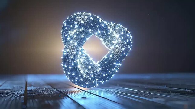 Luminous 3D digital wireframe knot with glowing blue nodes on a reflective surface, representing advanced technology, quantum computing, and complex data structures.