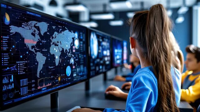 Curious child girl student kid female learner youth learning technology using computer digital map dashboard touchscreen modern school classroom STEM