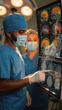 A neurosurgeon nurse hospital surgery scrub mask glove touch screen medical monitor brain scan neurosurgery surgeon brain mri scan hospital medical diagnosi neurology teamwork surgeon nurse hospital